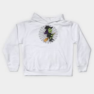 Halloween Witch Broom Spider Web Kids Hoodie